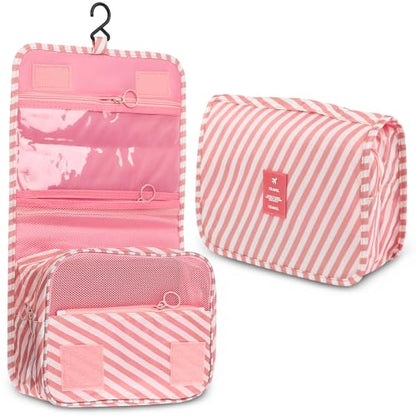 Hanging Toiletry Bag Travel Waterproof Makeup Organizer(Pink Stripe) - color: Pink Stripe