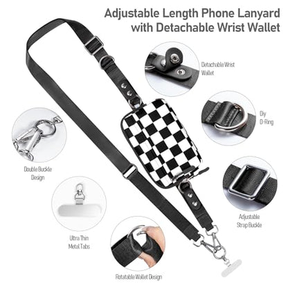 Tiostep Clip and Go Strap for Phone with Wallet Crossbody Phone Lanyard Adjustable and Detachable RFID Wristlet Wallet (Black White Checkered, Medium) - color: Black White Checkered, size: Medium