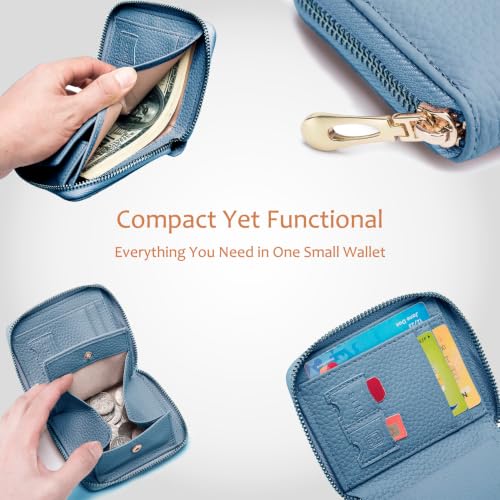 Small Leather Travel Wallet for Women, RFID Blocking Zip Around - color: Navy Blue