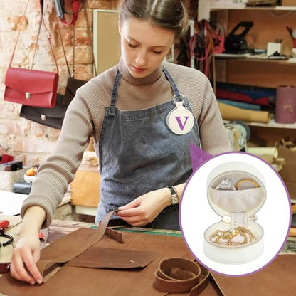Mini Initial Travel Jewelry Case Ring Holder Gifts for Women Girls - color: Beige, size: Leather-V