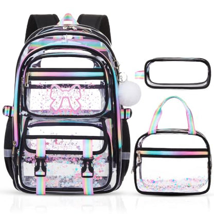 3PCS Glitter Clear Backpack for Girls with Lunch Box & Pencil Pouch(Black) | Kid Transparent Bookbag with Lunch Bag, Heavy Duty PVC See Through, School Stadium Events Approved for ELementary Preschool - color: Black Bow