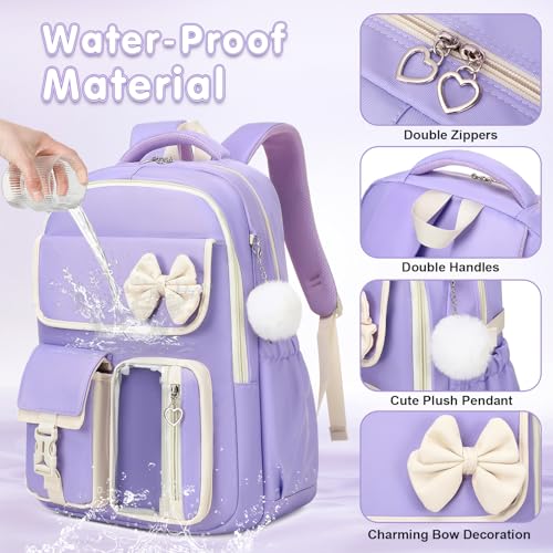 GeeWin Girls Backpack for School Cute Bow with Lunch Box & Pencil Case Set - color: Purple Beige