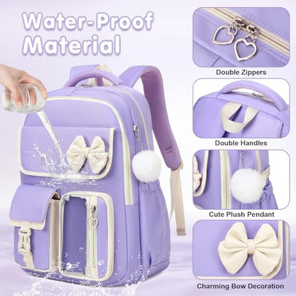 GeeWin Girls Backpack for School Cute Bow with Lunch Box & Pencil Case Set - color: Purple Beige