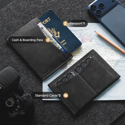 VULKIT Passport Cover Ultra Slim Design Leather Passport Sleeve RFID Blocking with 2 Card Slots, Anti-Theft Travel Essentials - color: Black