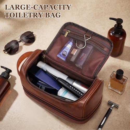 Customized Gifts Travel Leather Toiletry Bag for Mens, Engraved Name Initial PU Leather Waterproof Large Shaving Bag with Hooks, Unique Birthday Gifts for Him Men Dad Son Brother,G