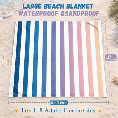 AlphaBeing Beach Blanket Waterproof Sandproof, Extra Large Beach Mat - color: Navy Stripes, size: 79“×83”