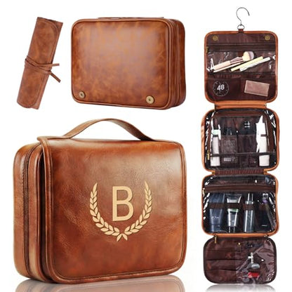 OXYEFEI Personalized Hanging Travel Toiletry Bag Gift for Men,Engraved Initial PU Leather Mens Large Toiletry Travel Essential Organizer Dopp Kit Shaving Bag for Him Birthday (B, Light Brown) - style: B
