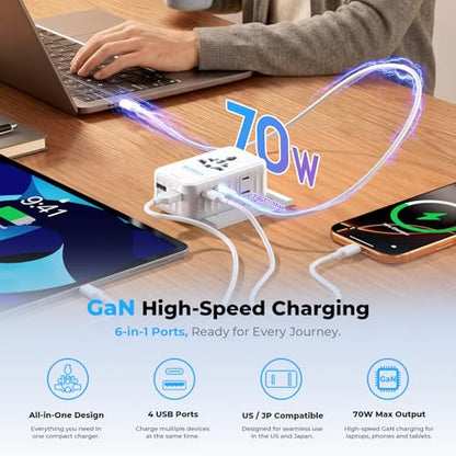 Aura 70W International Travel Adapter, 6-in-1 Universal Wall Charger - color: Arctic White, size: 70W