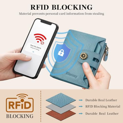 RFID Blocking Leather Womens Wallet with Coin Pocket(lakeblue) - color: c6-lakeblue