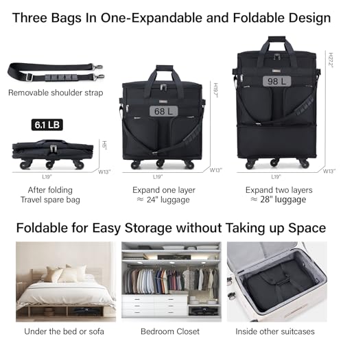 Hanke Expandable Collapsible Luggage with Wheels, Black Upgrade Version 2, 98L, Water-Resistant, 5 Spinner Wheels, 3 Pockets, Polyester, 19x13x27.2 inches, 6.1lb, Carry-On Luggage, Travel, Vacation - color: Black-1
