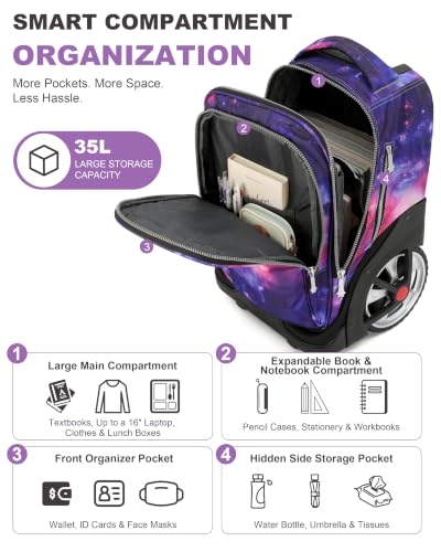 NEW TILAMI 19 Inch Rolling Backpack with Lunch Bag School, Purple Starry - color: Purple Starry