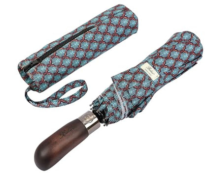 Balios Folding Umbrella Real Wood Handle Auto Open Close - color: Cypress Leaves Plum