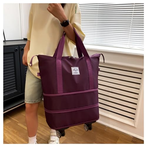 Travel Tote Bag with Trolley Sleeve Expandable Extra Duffel Bag with Wheels Lightweight Traveling Foldable Suitcase - color: Purplish Red
