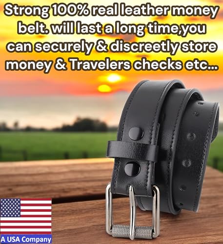 F&L CLASSIC Men’s Money Full Grain leather Belt, Hidden zipper Pocket, - color: Classic Black, size: 46 (Fits Waist 44"-45")