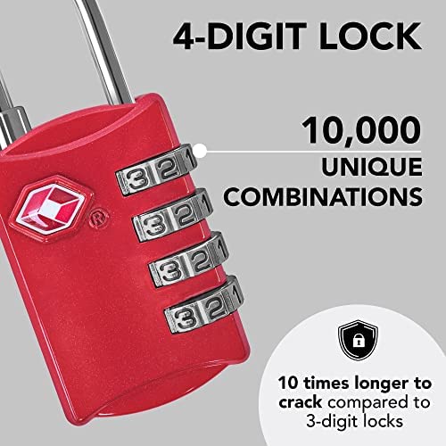 TSA Luggage Locks 2 Pack – 4-Digit Steel – Red | Keyless padlock for backpacks, travel suitcases, toolbox, filing cabinets, baggage & gym locker