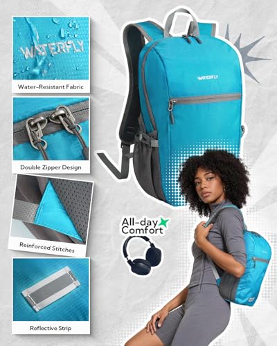 WATERFLY Small Packable Travel Backpack: 10L Ultra-Light Daypack for Adults - color: Peacock Blue