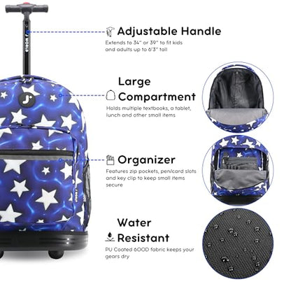 J World Sunrise Kids Rolling Backpack with Wheels for Girls Boys, Roller Bookbag for School, 18 x 13 x 9 Inches, Puffy Star - color: Puffy Star