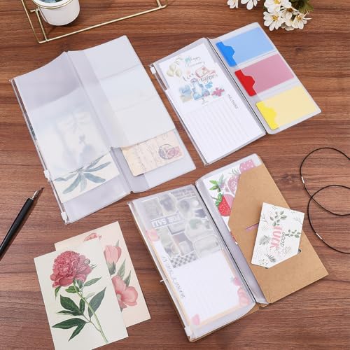 CRASPIRE 8Pcs Travelers Notebook Zipper Refill Pocket File Folder with 4Pcs Nylon Travel Journal Elastics 4Pcs Standard Size PVC Clear Pockets Rectangle Organizers for Card Passport Document Storage - style: 4 Sets Clear Standard Size: Pocket+Rope