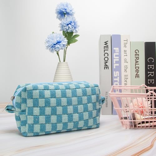 Checkered Makeup Bag for Purse, Small Travel Cosmetic Pouch,Lake Blue - color: Lake Blue
