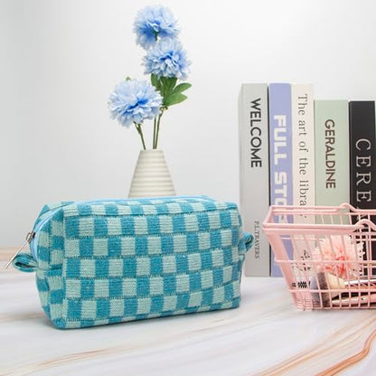Checkered Makeup Bag for Purse, Small Travel Cosmetic Pouch,Lake Blue - color: Lake Blue