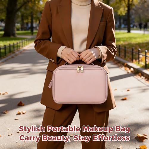 Travel Makeup Bag for Women, Large Capacity Cosmetic Organizer, Multi-Layer Toiletry Bag with Handle, Waterproof PU Leather Portable Makeup Zippered Case with Standing Brush Holder