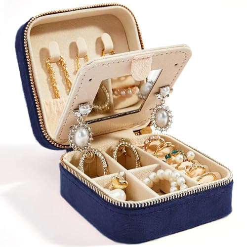 Smileshe Travel Velvet Jewelry Box with Mirror, Mini Gifts Case for Women Girls, Small Portable Organizer Boxes for Rings Earrings Necklaces Bracelets - color: PlushVelvet-NavyBlue