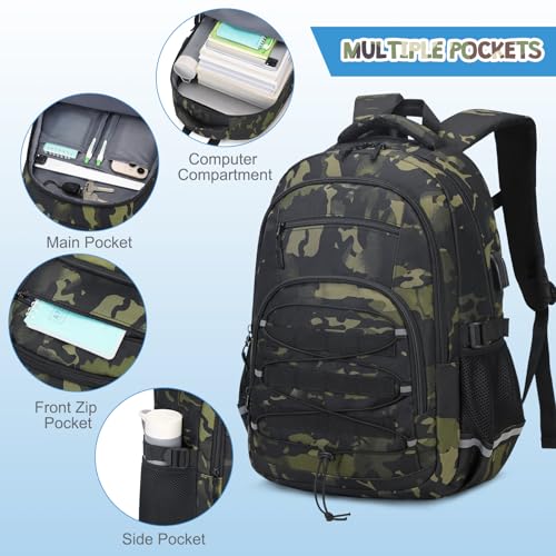 ACESAK 3PCS Camo Backpack for Boys with Lunch Box Pencil Case - color: Black Camo