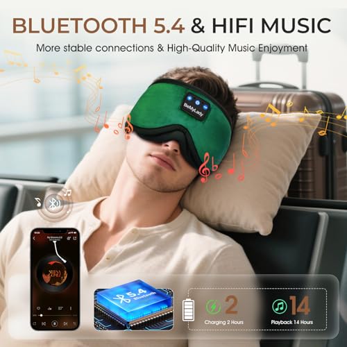 Sleep Mask with Bluetooth Headphone,100% Blackout, Zero Eye Pressure, Green - color: Green
