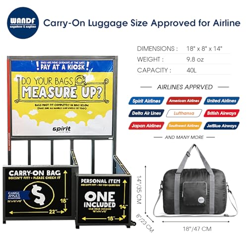 WANDF Foldable Personal Item Travel Bag, Carry on Duffle Bag - color: Black 40L