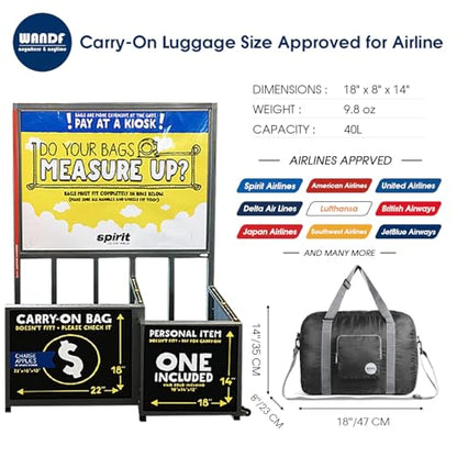 WANDF Foldable Personal Item Travel Bag, Carry on Duffle Bag - color: Black 40L