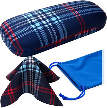 MyEyeglassCase Women's Hard Eyeglass Case | Protective Hard Shell Glasses Case with Pouch and Cloth - color: Plaid Red & Blue