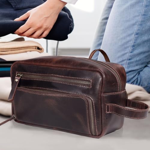 CREATIVE LEATHER ART Leather Dopp Kit for Men, Vintage Brown Toiletry Bag, Shaving Travel Organizer Pouch
