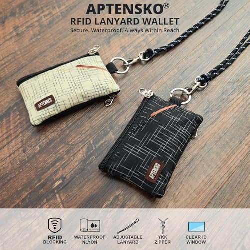 RFID 차단 여행용 지갑, 조절 가능한 랜야드 포함, 작은 나일론 지퍼 파우치 및 신분증, 신용 카드, 현금, 열쇠, 통근자용 배지 홀더, 블랙+., 끈이 달린 RFID 차단 여행용 지갑 - color: 블랙+.