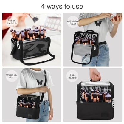 Makeup Brush Bag, Stand-up Makeup Brush Holder with Adjustable Divider - color: A1-Black, size: 1-Large