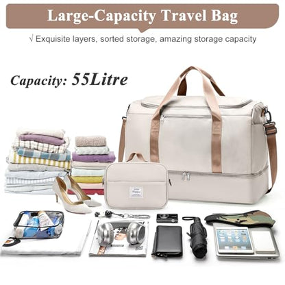 Extra Large Travel Duffel Bag, Carry-On Weekender Bags for Women Travel - color: Beige & Brown with Toiletry Bag, size: Extra Large