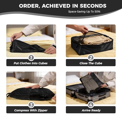 Compression Packing Cubes for Carry On Suitcase Backpack | Lightweight Travel Packing Organizer for Weekend, Space Saving Double-Zipper Packing Cubes with Laundry Bag - color: black-3 set