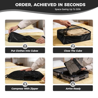 Compression Packing Cubes for Carry On Suitcase Backpack | Lightweight Travel Packing Organizer for Weekend, Space Saving Double-Zipper Packing Cubes with Laundry Bag - color: black-3 set