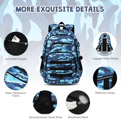 ACESAK 3PCS Camo Backpack for Boys with Lunch Box Pencil Case - color: Camo Blue