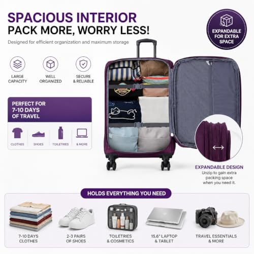 Karriage-Mate 4 Piece Softside Luggage Set with Spinner Wheels, Purple | Expandable Lightweight, Telescopic Handle, Multiple Front Pockets, 20"/24"/28"/32" Nested Travel Luggage Set, - color: Purple