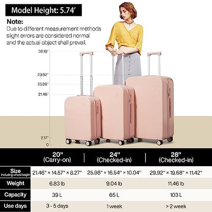 mixi Luggage Suitcase with Spinner Wheels, Hardside Rolling Suitcase PC with Cover & TSA Lock Lightweight Travel Case 24in Checked in, Pink - color: Pink, size: 24in Checked in