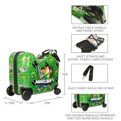 Bioworld Minecraft Steve & Alex Green 15" Ride-On Luggage - color: Minecraft Steve & Alex