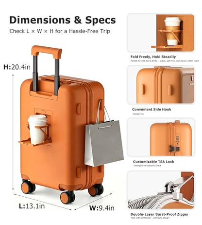feilario Front Opening Hardside Spinner Suitcase with Laptop Compartment, TSA Lock, Cup Holder, Side Hook and Braking Wheels (Mist Blue (zipper closure), 20in) - color: Mist Blue (zipper closure)