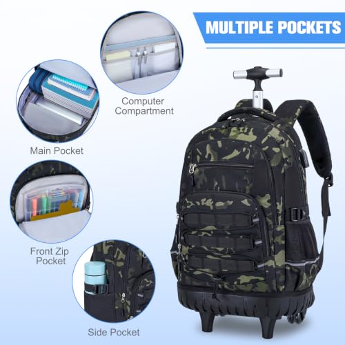 ACESAK 3PCS Camo Rolling Backpack for Boys with Lunch Box Pencil Case - color: Camo Black
