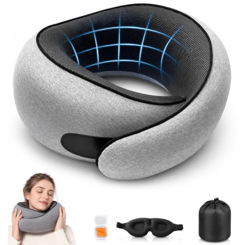 Travel Neck Pillow, Pure Memory Foam Ergonomic 360° Neck Support Gray