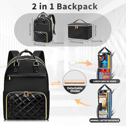 Jetviivid Lunch Backpack for Women,15.6 Inch Laptop Backpack with Lunch box - color: Black, size: 15.6 inch