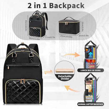 Jetviivid Lunch Backpack for Women,15.6 Inch Laptop Backpack with Lunch box - color: Black, size: 15.6 inch