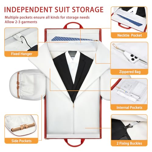 PU Leather Garment Bag, Convertible Garment Duffel Bag for Travel Mens Suit Bag 2 in 4 Waterproof Foldable Carry on Garment Bag with Shoulder Strap Weekender Bag with Shoe Pouch - color: PU-Red