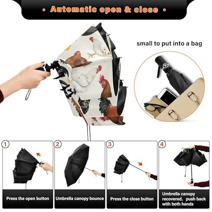 JIPONI Windproof Travel Umbrellas 01 - Large Compact Umbrella for Rain & Sun, Automatic Anti-UV Protection and Light Folding for Backpack & Car - color: Chicken