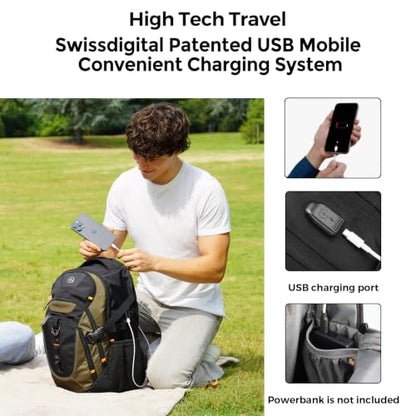 Swissdigital Design Travel Backpack for Men with USB Charging Port SD803-26 - color: Olive/Black