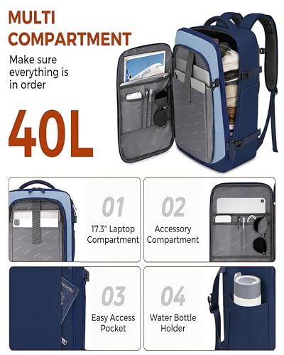 Vancropak 40L Carry on Backpack, Flight Approved Expandable Bag for Travel - color: Blue